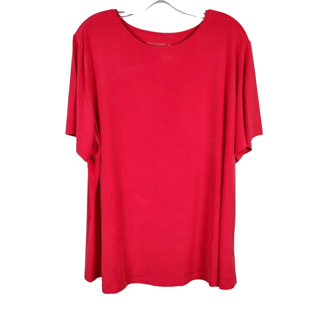 Susan Graver Womens 1X Essentials Short Sleeve Tee Red Solid Minimalist Basic
